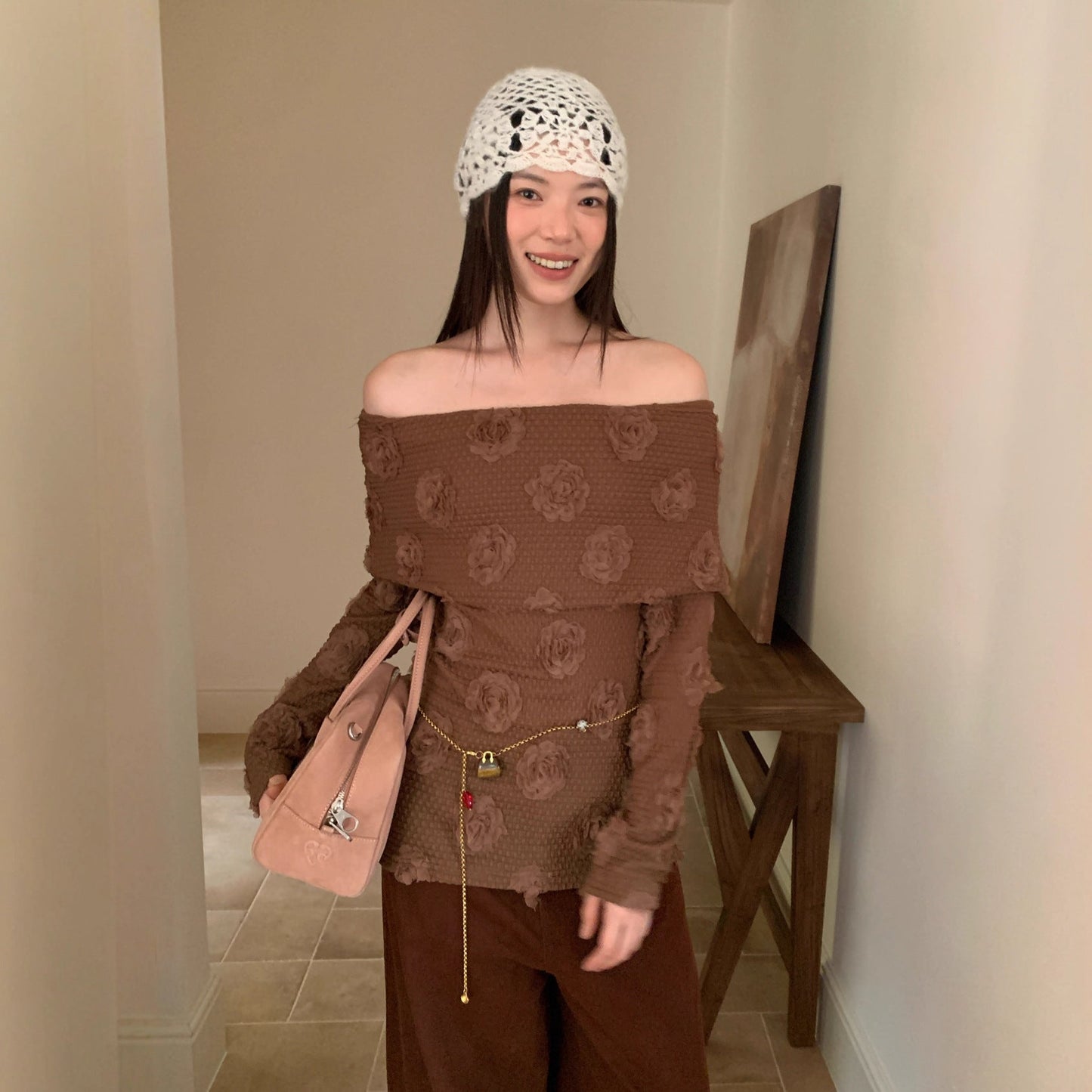 Japanese retro sweet age-reducing texture long-sleeved one-word shoulder bottoming shirt