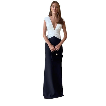 Women's new fashion strap dress women's slim holiday style splicing long dress evening dress