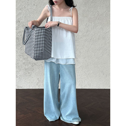 Design sense one-word shoulder vest sling women's summer new mesh splicing skirt two ways to wear