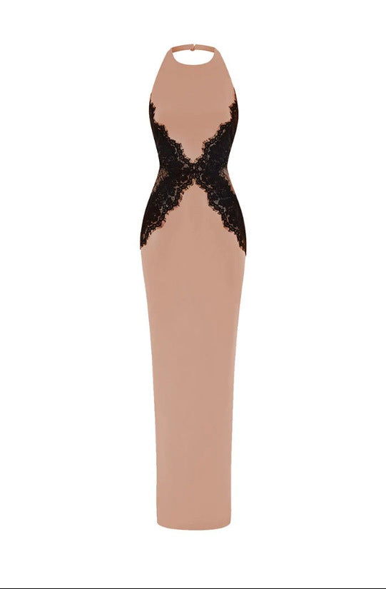 New fashionable and sexy neck splicing long dress backless socialite slim lace dress