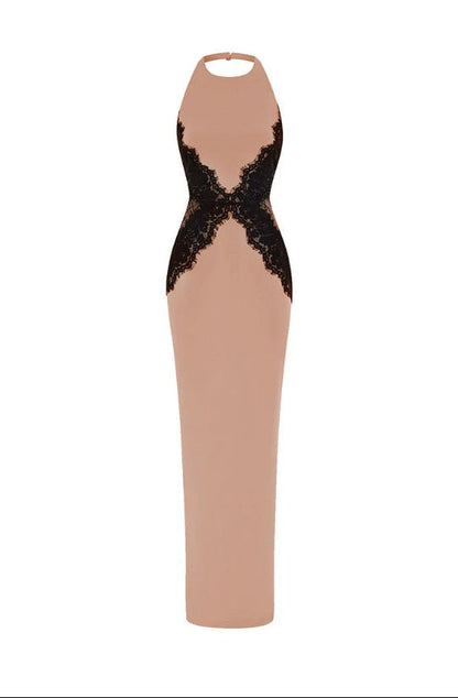 New fashionable and sexy neck splicing long dress backless socialite slim lace dress