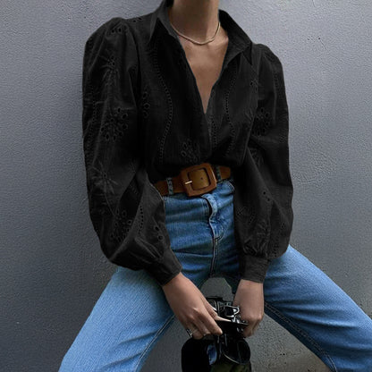 Lapel Long Sleeve Cardigan Women Regular Fit Puff Sleeve Hollow Blouse