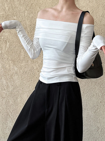 Pure desire Spice Girl design sense one-word shoulder long-sleeved T-shirt women's new off-the-shoulder sexy slim-fit bottoming shirt