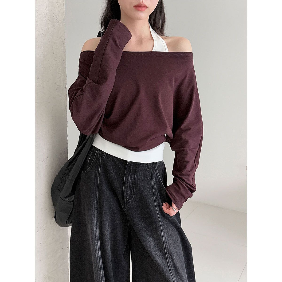 Korean style patchwork mock two-piece halter neck long sleeve t-shirt - women's autumn new design, elegant off-shoulder top