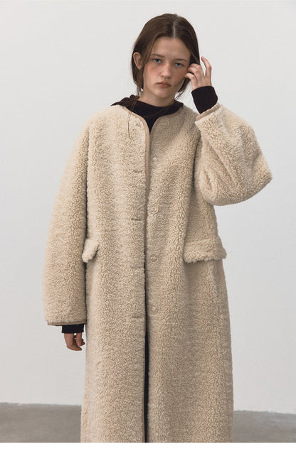Winter new casual round neck single-breasted teddy fur integrated long plush jacket