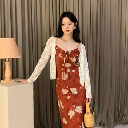 Hollow temperament long-sleeved shawl with thin lace shirt