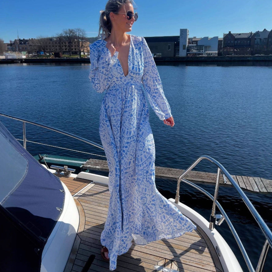 Fashion Vacation Style Print Dress Long Sleeve Halter Sexy Dress