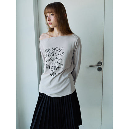 Spring new casual simple and easy solid color letter printing one word shoulder versatile T-shirt