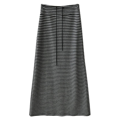 Commutingcasual lazy high waist drawstring skirt autumnew arrivaldrapedstripes slit long skirt