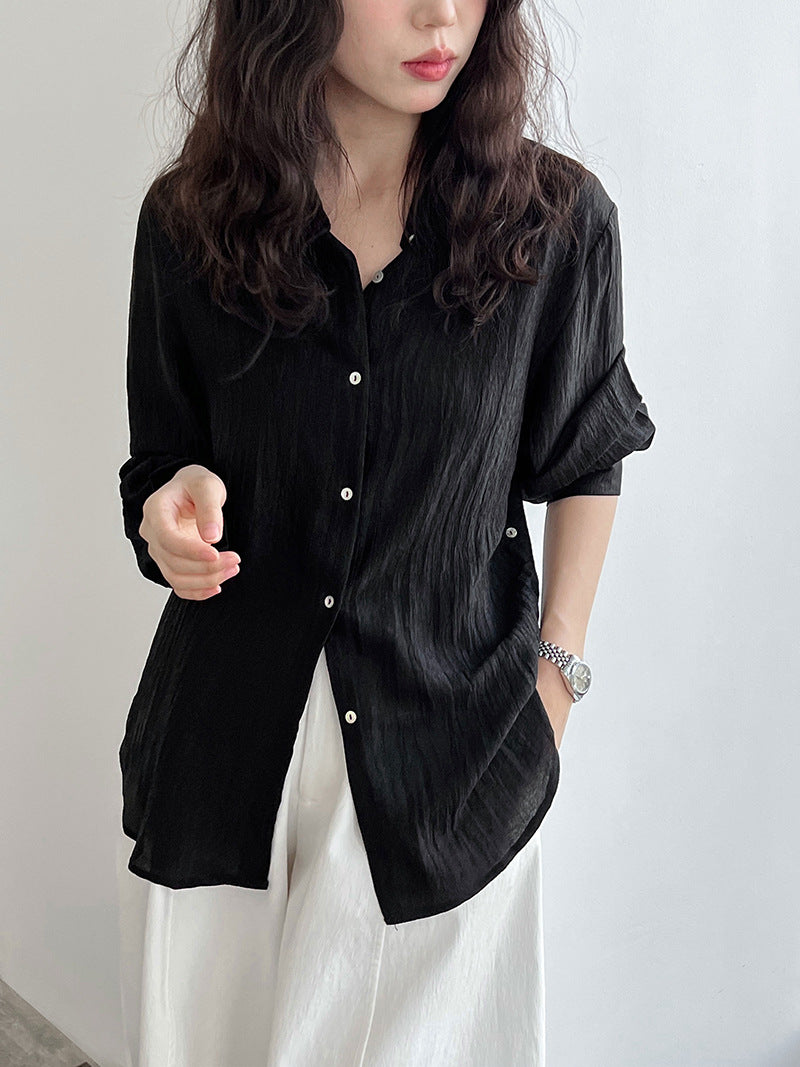 Korean simple texture glossy see-through shirt women's summer new sunscreen pearlescent cardigan jacket