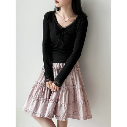 Korean V-neck lace bow long-sleeved T women's early spring new slim-fit bottoming shirt