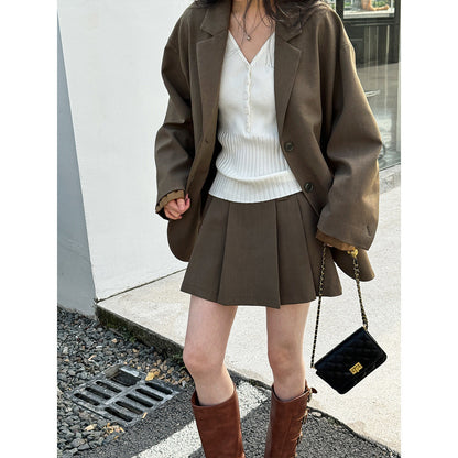 Korean high-end casual suit women's cuff splicing blazer + pleated skirt suit