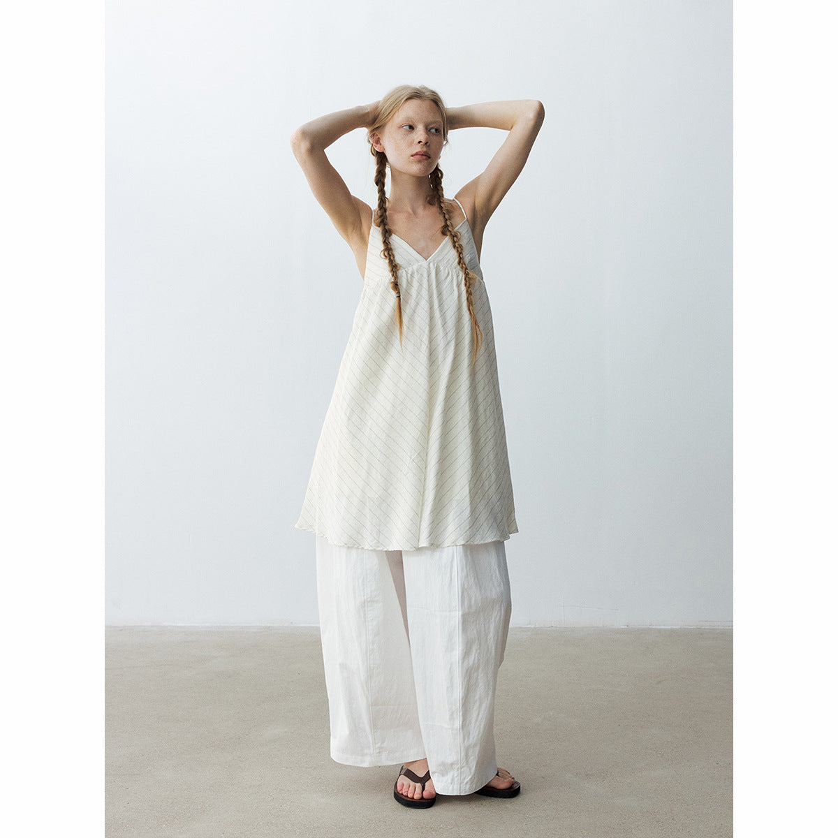 Summer casual V-neck hemp striped simple short double-root suspender dress