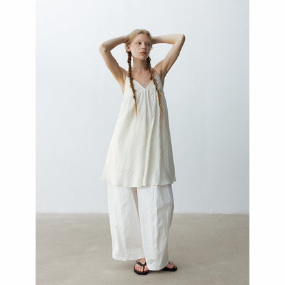 Summer casual V-neck hemp striped simple short double-root suspender dress