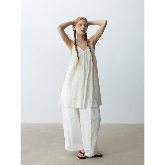 Summer casual V-neck hemp striped simple short double-root suspender dress