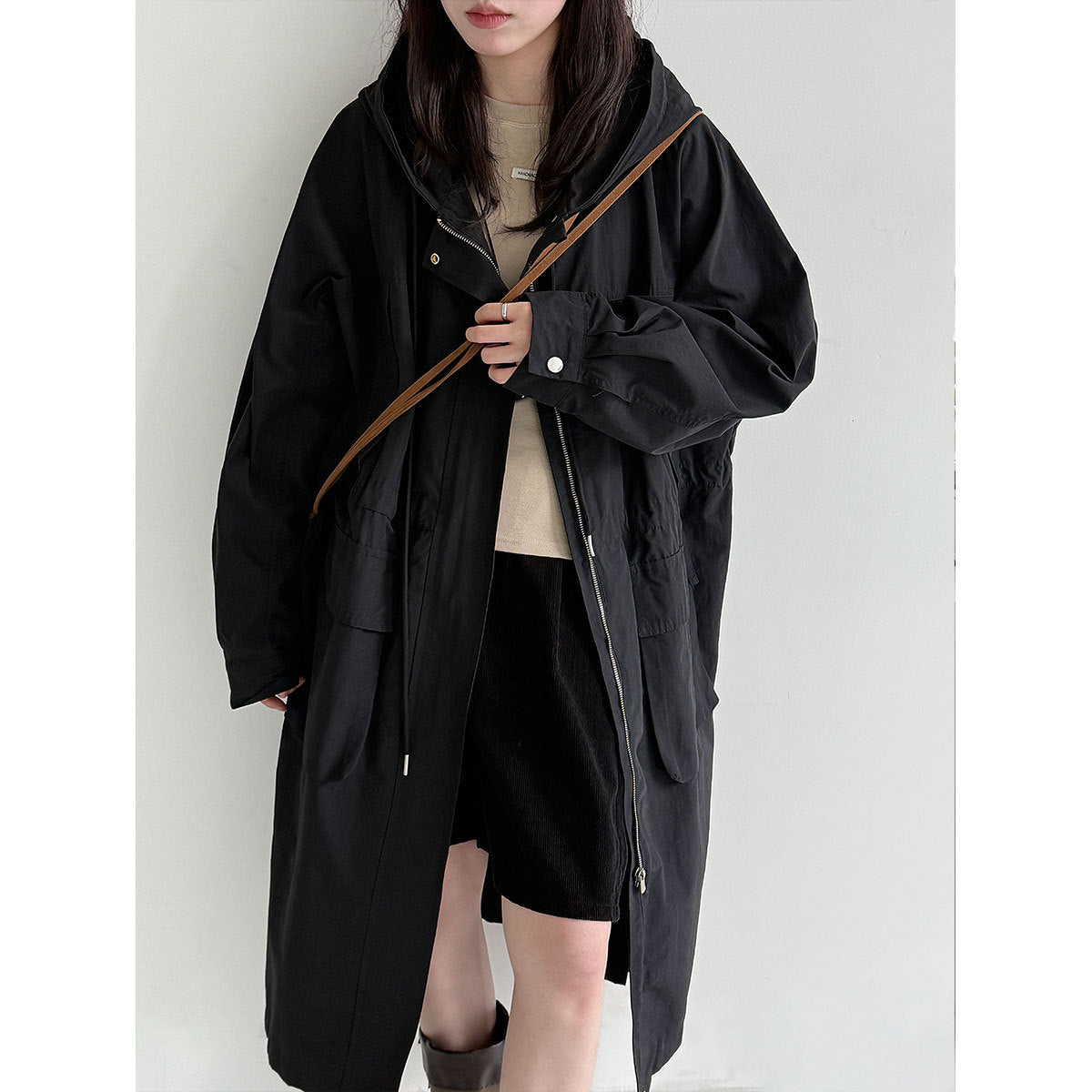 Premium British style hooded trench coat autumn design waist thin long coat