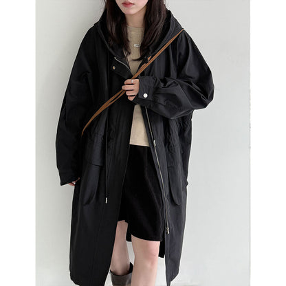 Premium British style hooded trench coat autumn design waist thin long coat