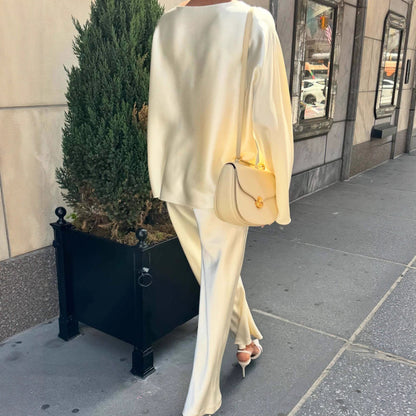 New Fashion Casual Crew Neck Satin Long Sleeve Two-piece Shirt Straight Pants Suit Women