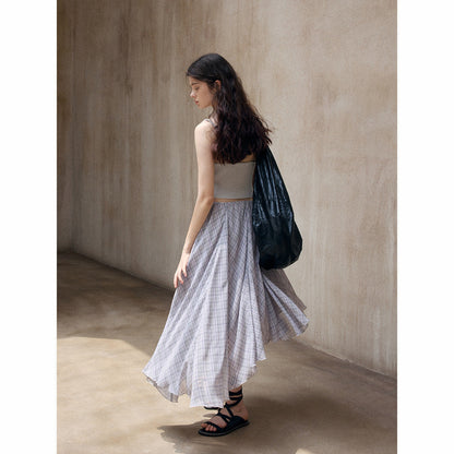 Plaid asymmetrical diagonal swing skirt summer thin light splicing contrasting color versatile
