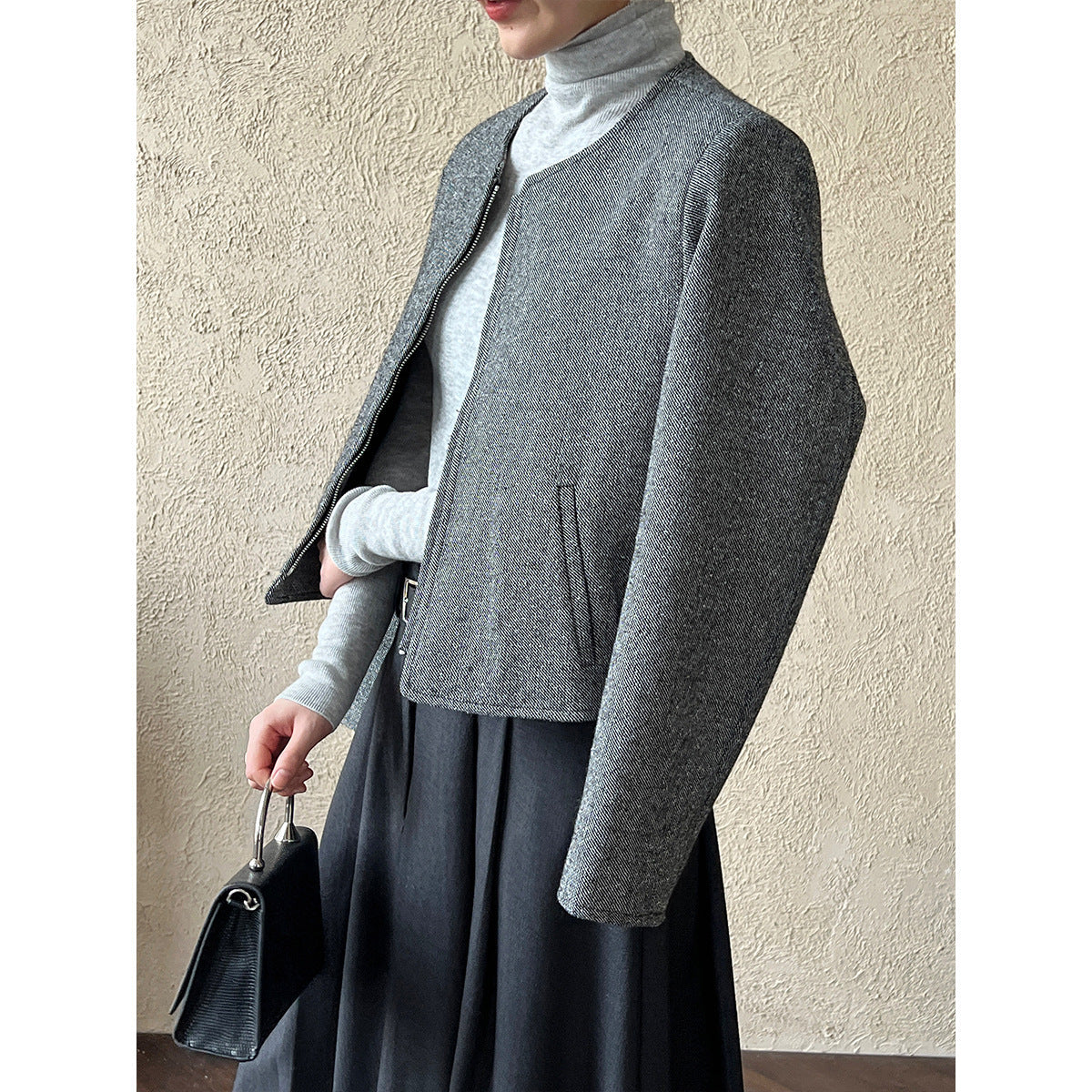 Korean wool woolen round neck small fragrant short coat women's 2025 autumn new zipper jacket top 8698