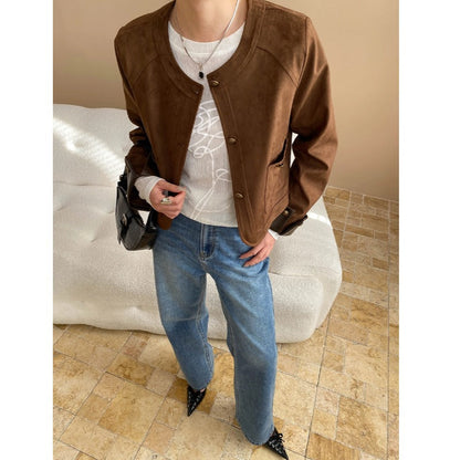 Vintage temperament imitation suede crew neck gold buckle jacket small man