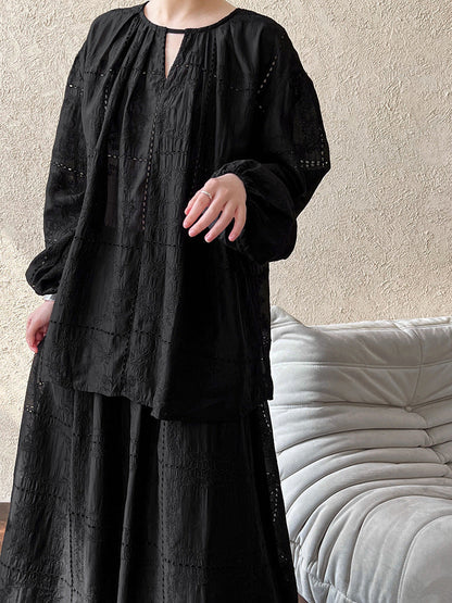 Premium temperament hollow lace embroidered top + skirt