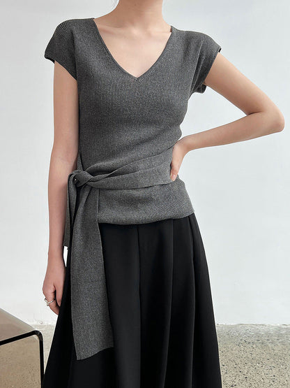 French V-neck knitted short-sleeved T women's summer new basic commuter versatile slim stretch top