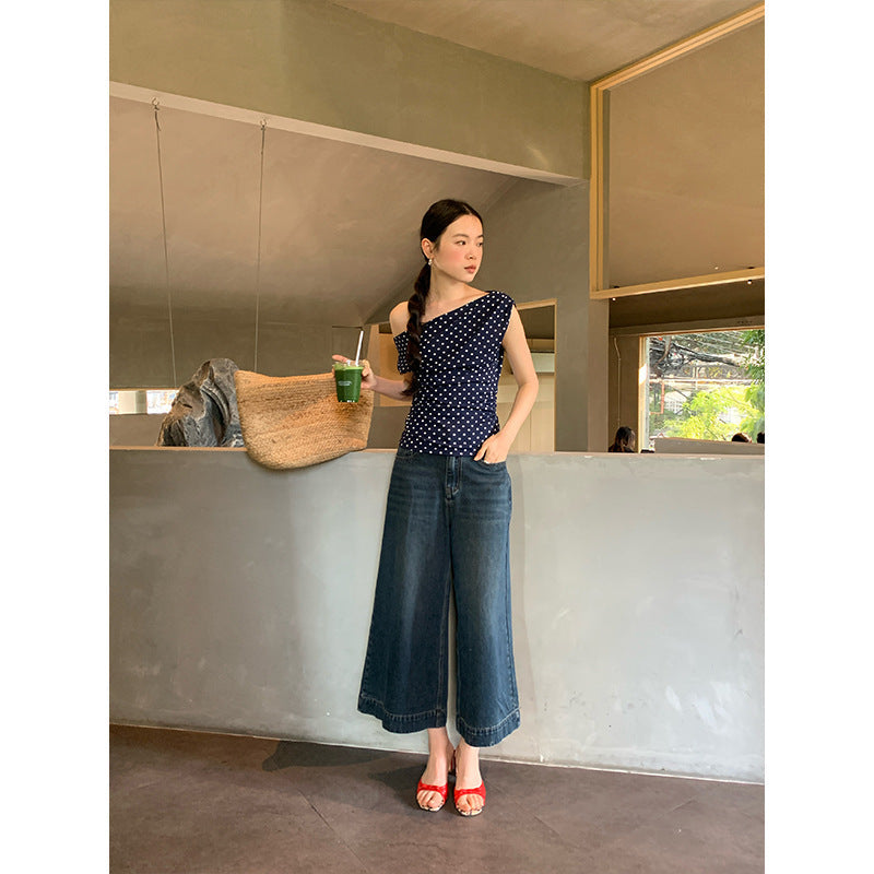 Early Spring Fashion Slim-Fit Women's T-Shirt Swinging Neck Polka Dot Sleeveless Top
