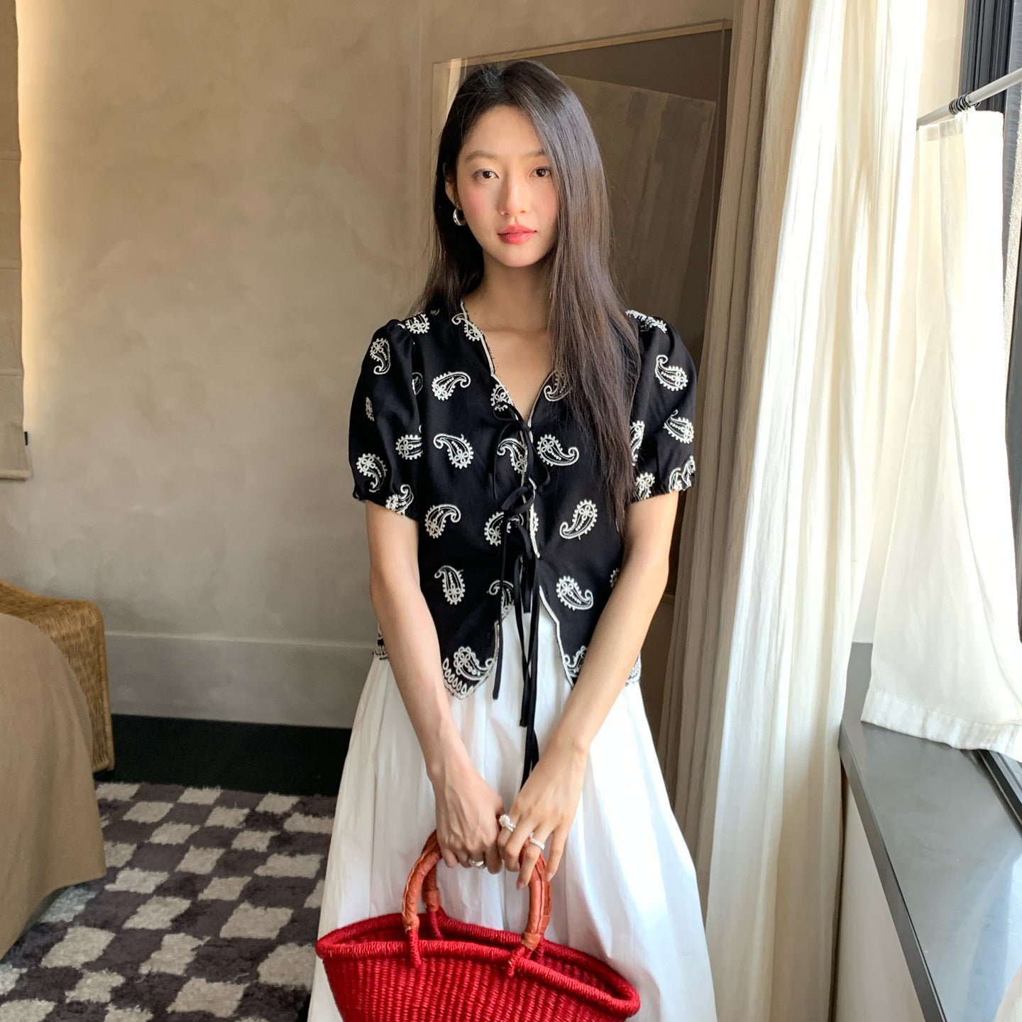 V-neck lace-up embroidered temperament shirt