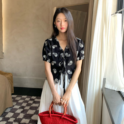 V-neck lace-up embroidered temperament shirt