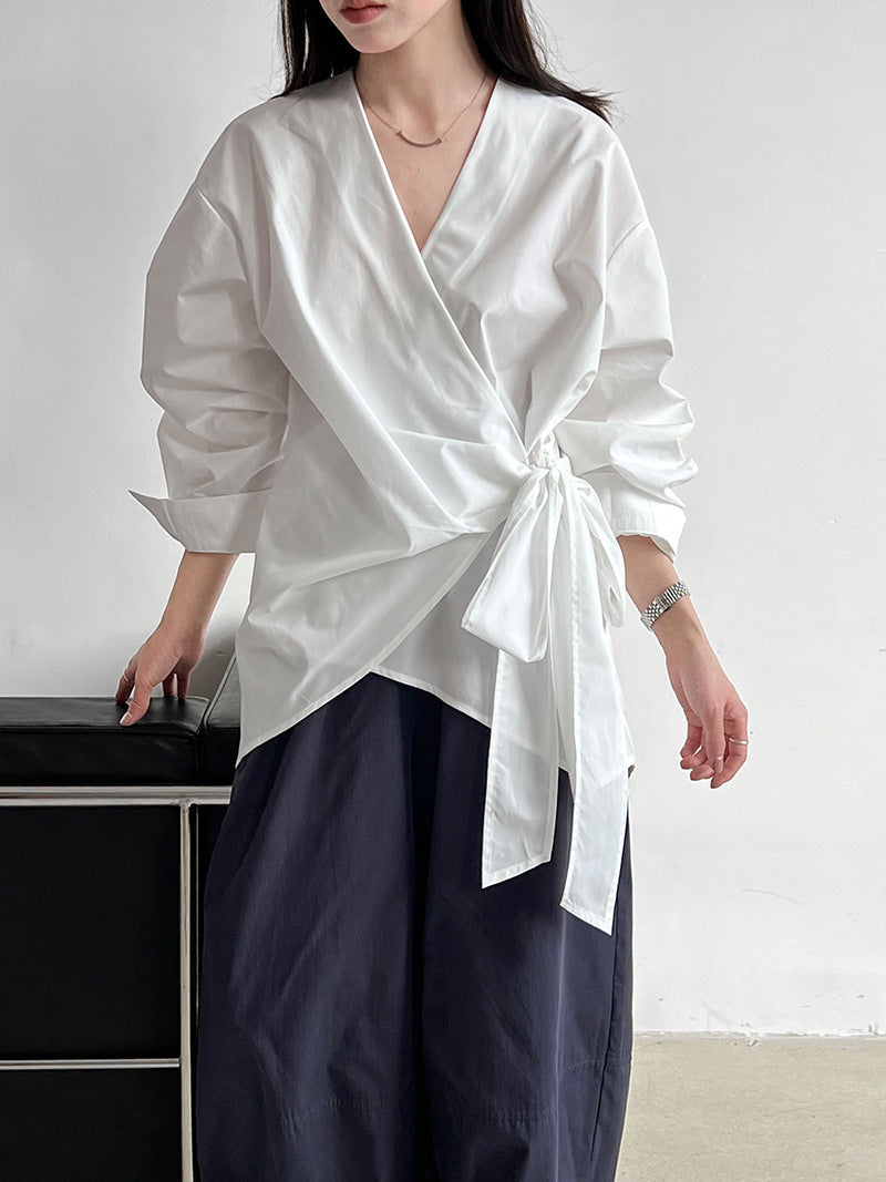 Autumn Korean irregular waist strap shirt women's casual niche design one-piece top