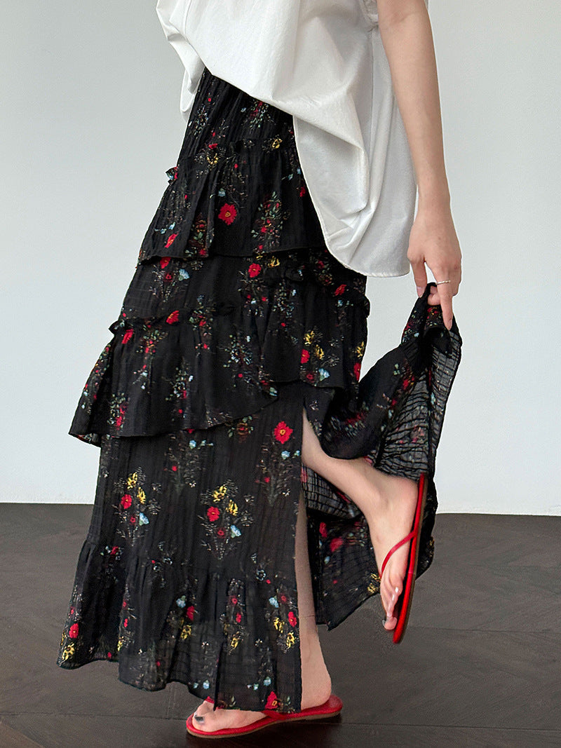French romantic split cake skirt women's summer new fluffy pleated floral skirt long dress
