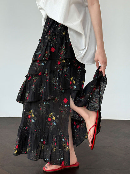 French romantic split cake skirt women's summer new fluffy pleated floral skirt long dress