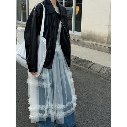 Korean sweet mesh see-through suspender dress, spring new stacked blouse lace long skirt
