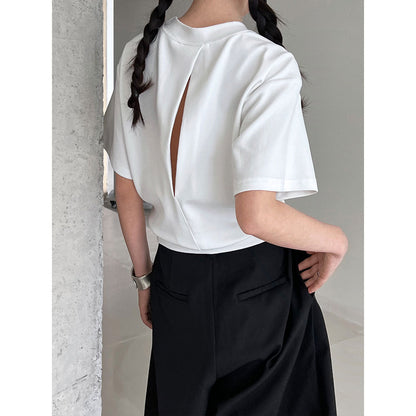 French loose hollow backless short-sleeved women's summer new waist and thin high-end T-shirt top