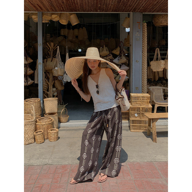Bohemian Tencel linen wide-leg print drawstring slacks