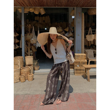 Bohemian Tencel linen wide-leg print drawstring slacks