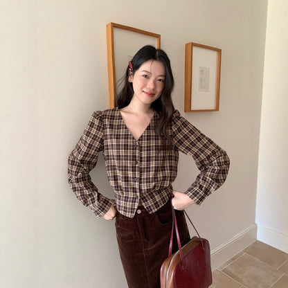Women's V-Neck Plaid Print Single-Breasted Long Sleeve Cotton Shirt