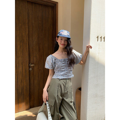 Floral Bubble Sleeve Crop Top