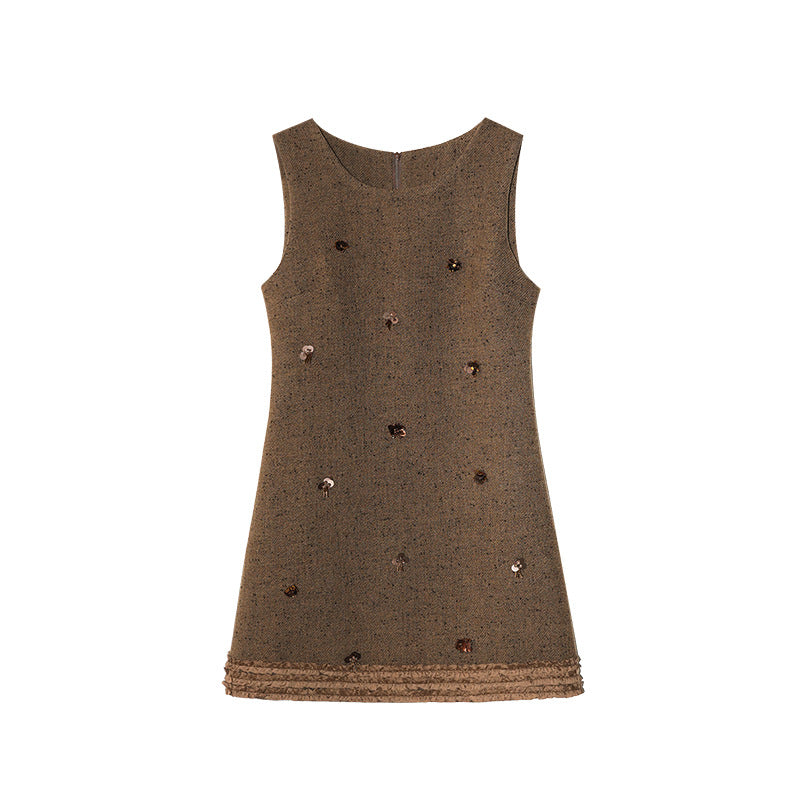 Retro age reduction and thin stacking sleeveless crew neck vest dress women