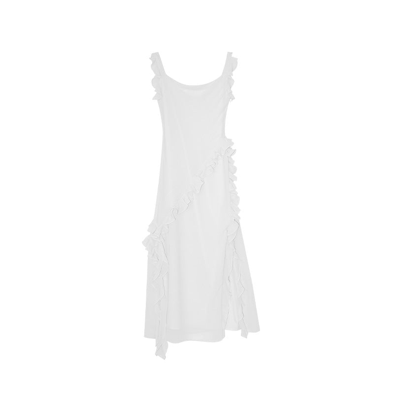 Ruffle Trim U-Neck High Waist Split Maxi Dress