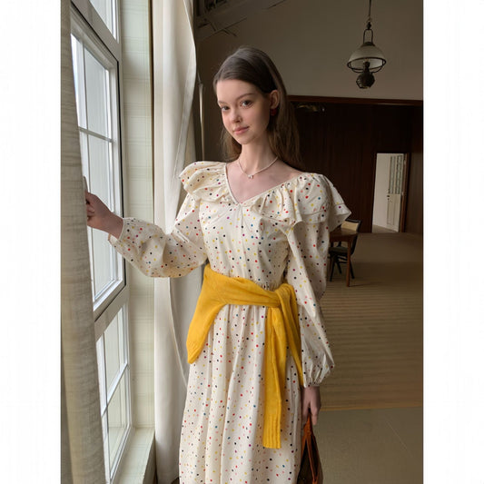 Age-reducing ruffle leaf edge waist polka dot dress