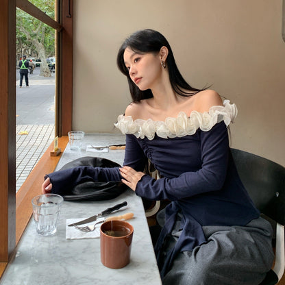 French pure lace one-word collar sexy backless bottoming shirt for women