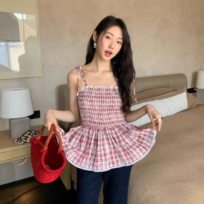 French sweet age-reducing plaid suspender tube top