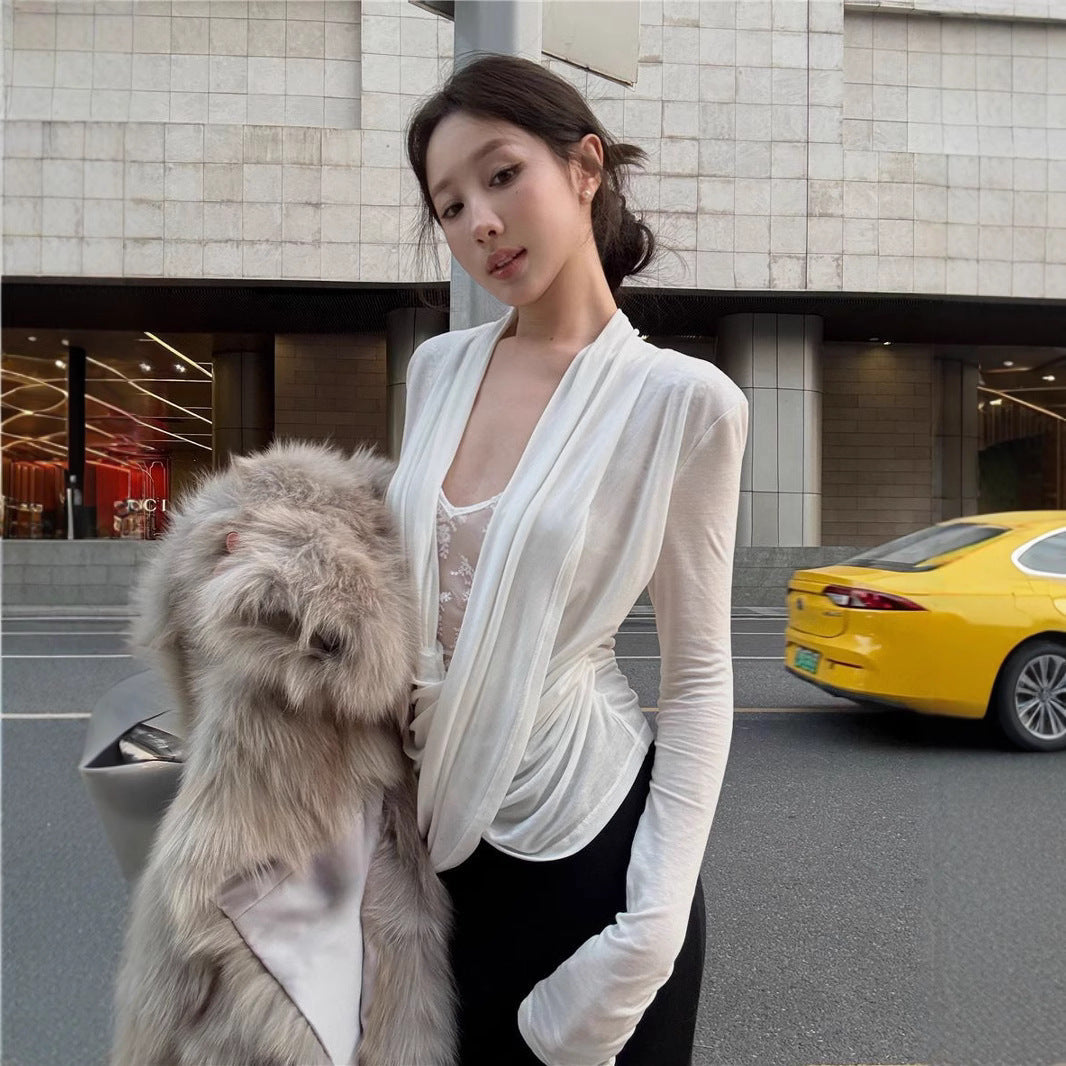V-Neck Long Sleeve T-Shirt Women Slim Fit Lace Splicing Layered Top