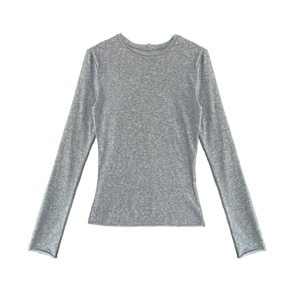 Korean versatile curled round neck T-shirt bottoming shirt women's autumn new long-sleeved slim-fit top