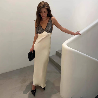 Satin dress female sexy European and American suspender skirt lace pure desire style splicing hip skirt