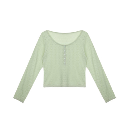 Tencel linen hollow short knitted sweater Spice girl stacked top