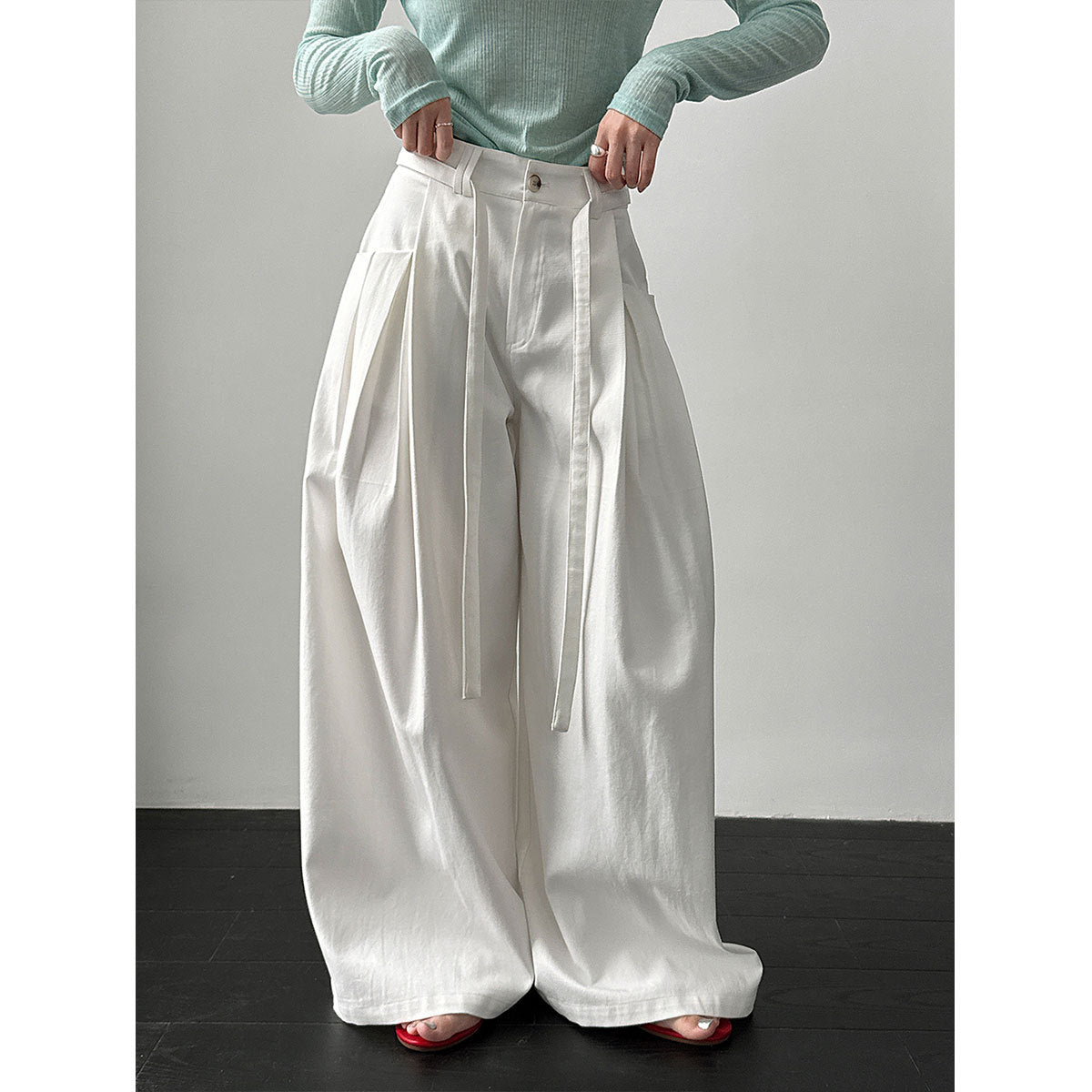 Korean design waist lace-up wide-leg pants women's 26 spring new pleated versatile casual pants