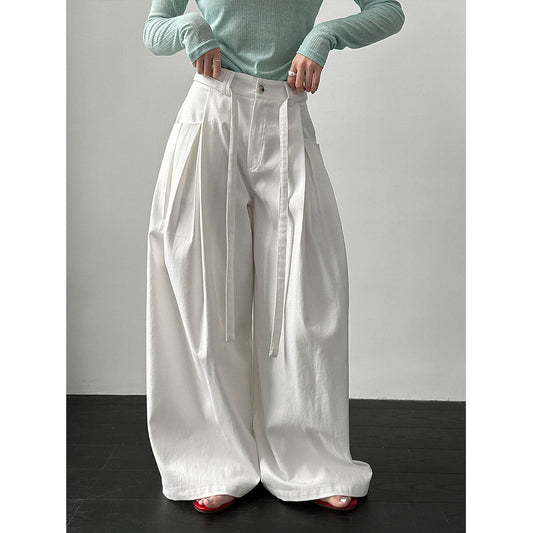 Korean design waist lace-up wide-leg pants women's 26 spring new pleated versatile casual pants
